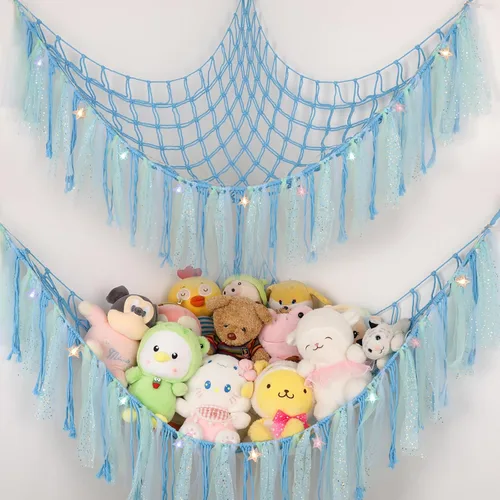 Vista 9 de Hamaca de animales de peluche con luces LED, red grande de almacenamiento de juguetes de 59 pulgadas para dormitorio de niños, organizador de felpa