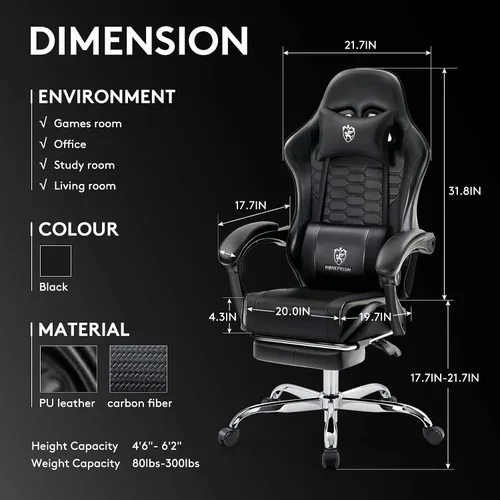 Vista 3 de Silla Gaming, Silla de Oficina para Computadora con Reposapiés, Soporte Lumbar de Masaje y Almohadilla de Gel, Silla Ergonómica Reclinable Ajustable