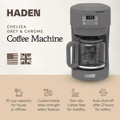 Vista 2 de Haden Chelsea - Cafetera digital de goteo de 10 tazas con jarra de vidrio, gris y cromo