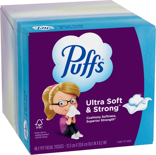 Vista 11 de Pañuelos faciales ultrasuaves sin loción Puffs, 1 cubo, 48 pañuelos por caja