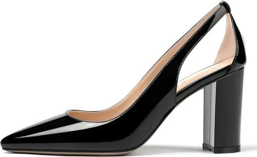 Vista 2 de MERRORI Zapatos de tacón alto grueso para mujer, tacón puntiagudo recortado, zapatos de patente de bloque de 3.3 pulgadas