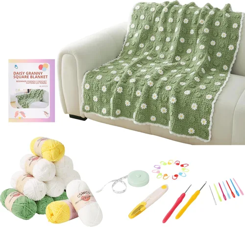 Vista 7 de CSWCS Kit de Manta de Ganchillo para Principiantes, Kit de Manta Tipo Throw de Cuadros Granny de Margaritas para Adultos, Fácil de Aprender a Tejer
