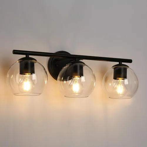 Vista 9 de classy leaves Lámparas de baño, 3 luces negras claras, modernas luces de tocador de baño de granja con pantalla de vidrio