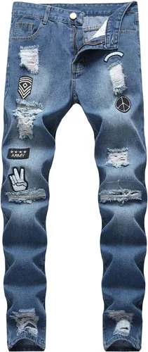Vista 5 de Pantalones de mezclilla ajustados para hombre, ajustados, rasgados, ajustados, desgastados, con agujeros rasgados