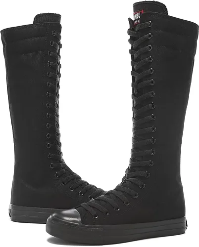 Vista 3 de Momuk - Botas de moda con cordones por encima de la rodilla para mujer, de lona, con cremallera, para niñas, zapatos escolares elegantes