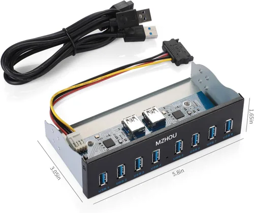 Vista 7 de Tarjeta de expansión de concentrador de panel frontal USB 3.0 de 8 puertos - con cables de 19 pines y SATA, 5 tornillos de montaje - Compatible