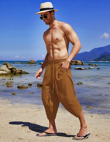 Vista 3 de COOFANDY Pantalones capri harén de lino para hombre, ligeros, sueltos, 34, con cordón elástico, cintura elástica, pantalones casuales para yoga