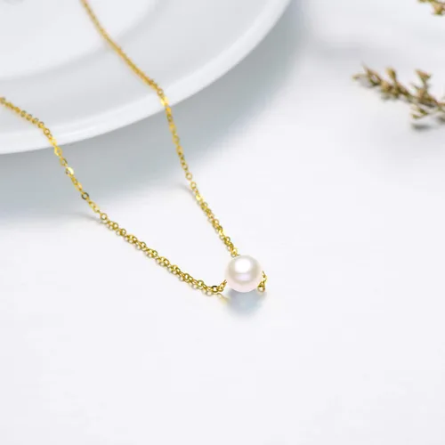 Vista 3 de Collar de perlas de oro macizo de 14 quilates para mujer, collar con colgante de perlas cultivadas de agua dulce real, collar de 0.39 pulgadas