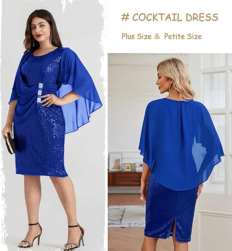 Vista 3 de Hanna Nikole Vestido de fiesta de lentejuelas para mujer, talla grande, de gasa, manga de capa, vestido midi de cóctel 2024