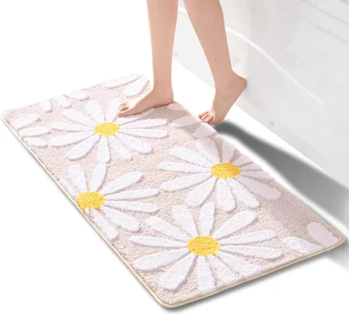 Vista 31 de QJHOMO Alfombra de baño beige con diseño de margaritas, decoración de flores blancas y amarillas, alfombra antideslizante de microfibra, súper