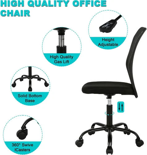Vista 5 de Silla de oficina sin brazos, silla de oficina ergonómica de malla con respaldo alto con soporte lumbar, sillas de computadora, silla con ruedas
