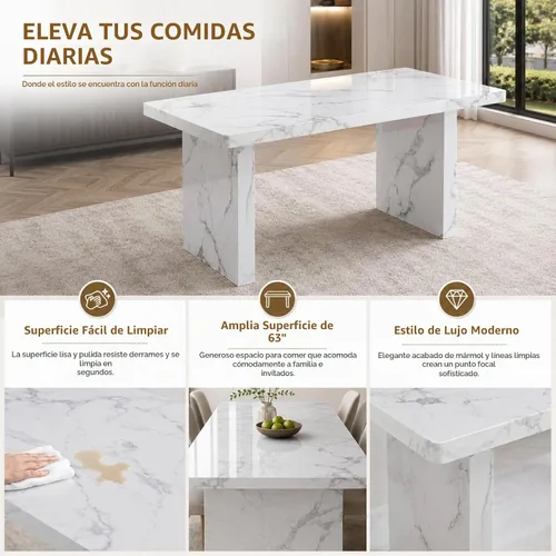 Vista 5 de Ebullient 63" Marble Dining Table, Modern White Dining Room Table