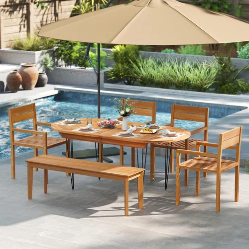 Vista 4 de HAPPYGRILL Silla de comedor de madera de teca, sillón de muebles de madera para exteriores con asiento y respaldo de listones, para patio trasero