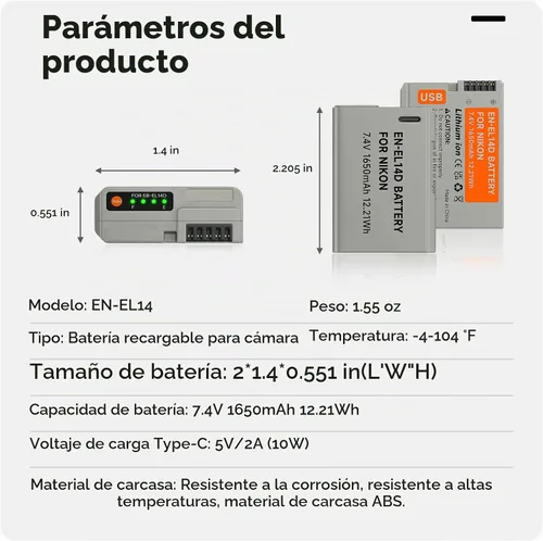 Vista 7 de EN-EL14, EN-EL14A USB C Batería de repuesto de carga directa para Nikon D3500, D3100, D3200, D3300, D3400, D5100, D5200, D5300, D5500, D5600, DF