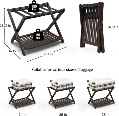 Vista 9 de Juego de 2 portaequipajes de bambú, totalmente montado, para habitación de invitados, soporte plegable para maleta con estante para zapatos, soporte
