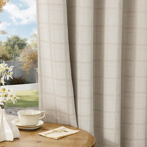 Vista 7 de Beauoop Cortinas Opacas de Jacquard a Cuadros Beige de 96 Pulgadas de Largo, 2 Paneles para Dormitorio y Sala de Estar, Cuadros Vichy