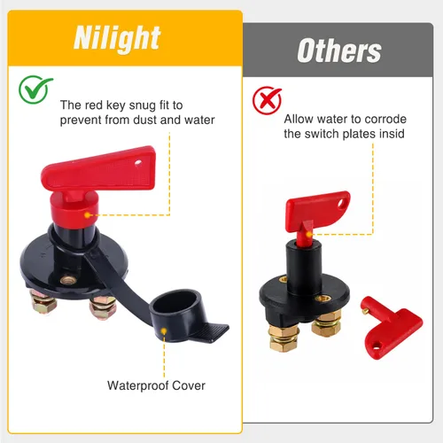 Vista 7 de Nilight Battery Disconnect Switch with Waterproof Key and Cover 12V 24V On Off Battery Master Isolator Cut Off Power Kill Switch for Car Marine Boat
