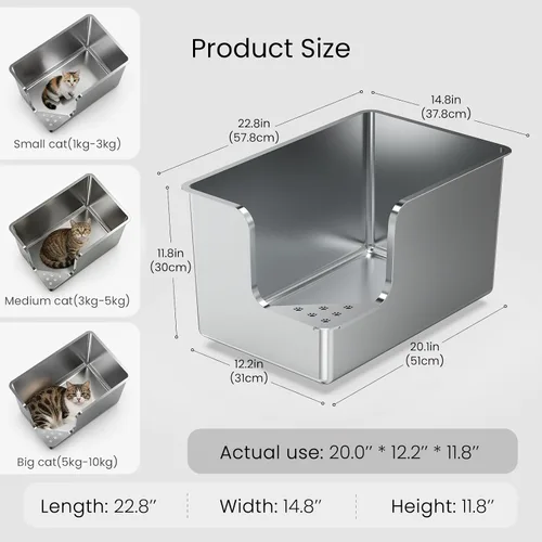 Vista 2 de Caja de arena de acero inoxidable de 11.8 pulgadas de alto, caja de arena de metal XL para gatos, inodoro para mascotas con apertura de esquina