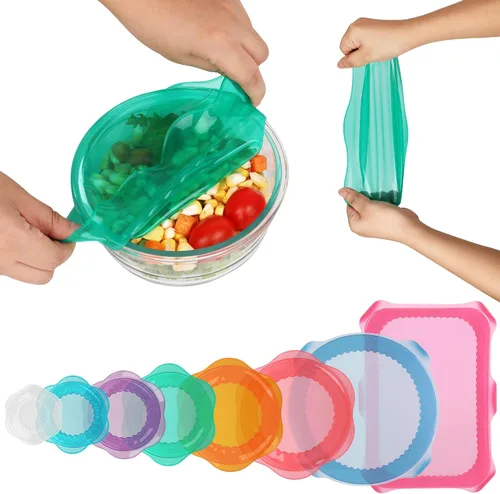 Vista 13 de Tapas elásticas de silicona para almacenamiento de alimentos en el refrigerador, fundas elásticas reutilizables para tazas, latas, tarros