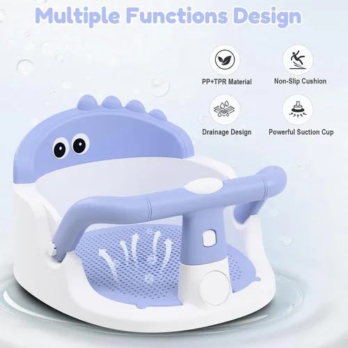 Vista 3 de Asiento de baño para bebés de 6 meses en adelante sentados, silla de baño antideslizante con ventosa, seguro y cómodo asiento de baño infantil Azul