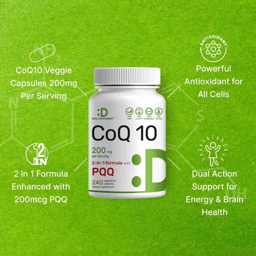Vista 4 de DEAL SUPPLEMENT CoQ10 200mg con PQQ 200mcg, 240 cápsulas vegetales Complejo de coenzima Q10 biodisponible Apoya la salud del corazón, la energía