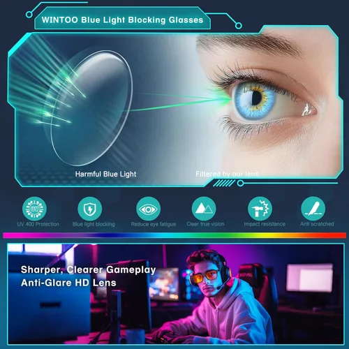 Vista 5 de Lentes de luz azul para mujeres y hombres 99% de bloqueo de luz azul para computadora, juegos, televisión, pantalla de teléfono, marco cuadrado