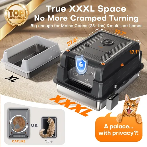 Vista 2 de CATLIKE XXXL - Caja de arena de acero inoxidable para gatos, 3 capas de orina a prueba de fugas, diseño cerrado con filtro de carbón para Maine Coon