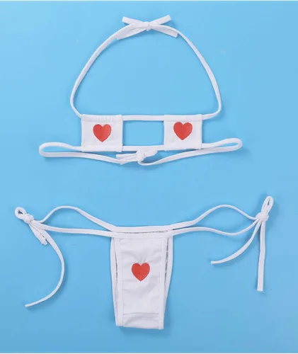Vista 6 de Conjunto de lencería para mujer con estampado de rayas, diseño de corazón, color blanco