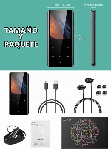 Vista 7 de AGPTEK Reproductor MP3 de 32 GB con Bluetooth 5.3, A19X pantalla curva de 2.4 pulgadas, reproductor de música portátil con bocina, sonido sin Negro