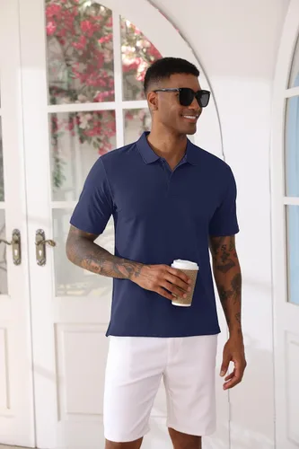Vista 2 de TACVASEN Camisas de manga corta para hombre, camisas de pesca para hombre, camisas de polo con cuello azul marino para hombre, polo de enfriamiento