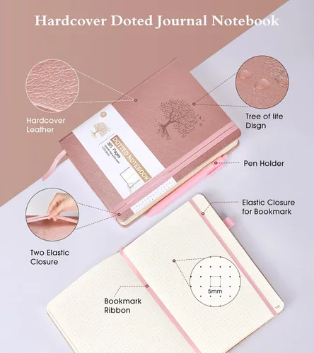 Vista 4 de Ansopu Cuaderno de diario punteado, 360 páginas numeradas, bullet journals, papel punteado grueso de 100gsm, diario de cuero de tapa dura para Rosado