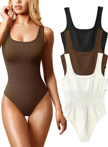 Vista 14 de OQQ Body de 3 piezas para mujer, sexy, acanalado, sin mangas, cuello cuadrado, camiseta sin mangas, leotardo, trajes de moda 2025 negro azul blanco