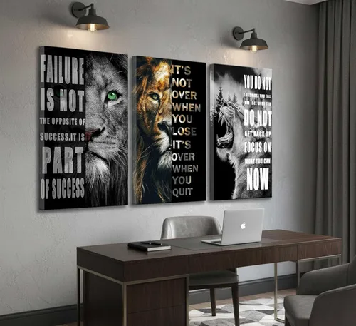 Vista 7 de 3 Piezas de Arte de Pared Inspirador para Oficina, Lienzo Moderno con Citas Motivacionales, Imágenes en Blanco y Negro de León, Decoración de Pared