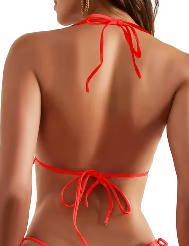 Vista 2 de Top de bikini triangular para mujer, sexy, halter, push up, acolchado, parte superior de traje de baño