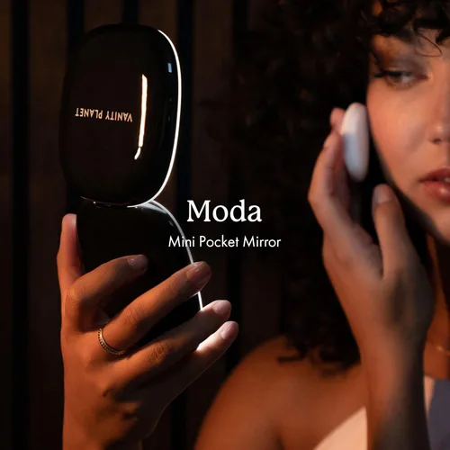 Vista 2 de Vanity Planet Moda - Espejo de maquillaje de bolsillo con luces y aumento, mini espejo de maquillaje compacto y de viaje, portátil, ajustable