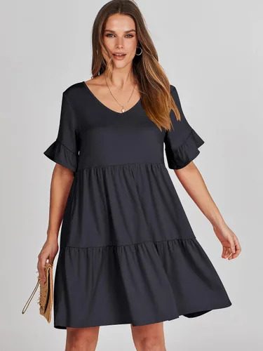 Vista 2 de ANRABESS Vestido de verano para mujer, con cuello en V, manga corta, con volantes, acampanado, escalonado, casual, minivestido de playa con bolsillos