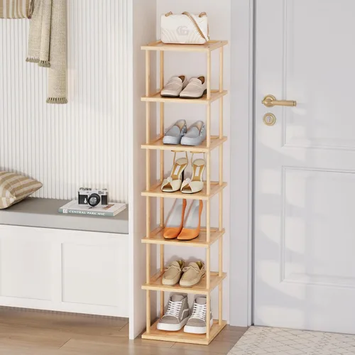 Vista 9 de Zapatero alto vertical para entrada, 7 niveles, delgado, estrecho, de madera de bambú, apilable, soporte de almacenamiento para botas, espacios Negro