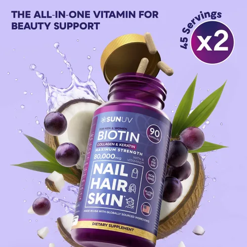 Vista 9 de SUNUV Biotina 10,000 mcg Colágeno Queratina - 80,000 mcg Vitaminas para el Crecimiento del Cabello para Mujeres y Hombres, Apoyo para la Piel