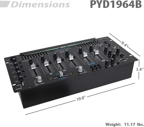 Vista 3 de Pyle Mezclador de 6 Canales, Controlador DJ Bluetooth, Mezclador Estéreo, Sistema de Sonido Profesional, Iluminación LED, Mezclador de Audio