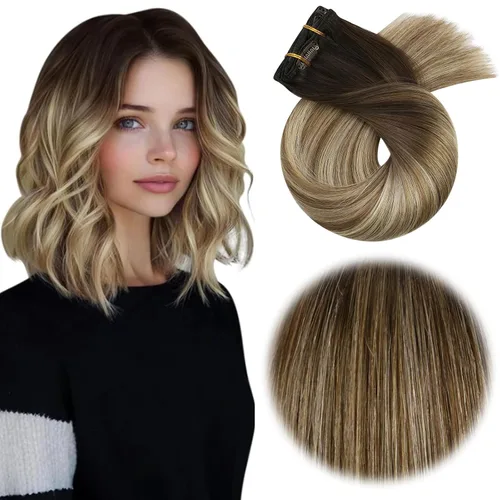 Vista 85 de Moresoo Extensiones de cabello humano con clip, balayage, color marrón oscuro a marrón dorado con clip, extensiones de cabello humano con clip, 5