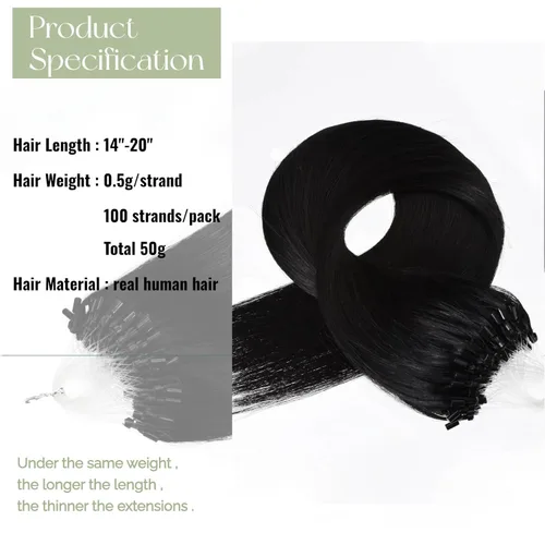 Vista 3 de Micro Link - Extensiones de cabello humano Remy virgen con micro anillo, extensiones de cabello humano de 0.02 oz/hebra, 1.76 oz, extensiones de #1