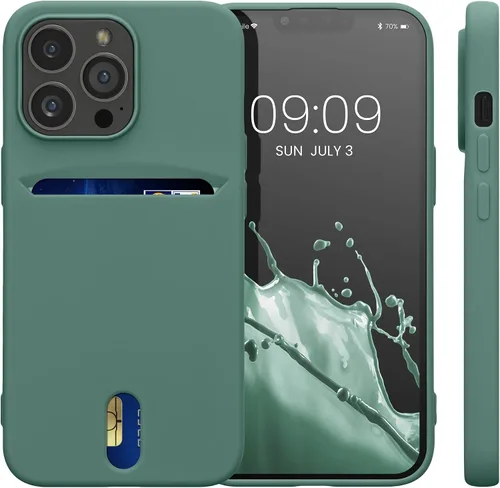 Vista 5 de kwmobile Funda compatible con Apple iPhone 13 Pro, funda de TPU suave con tarjetero y acabado de silicona, color verde bosque