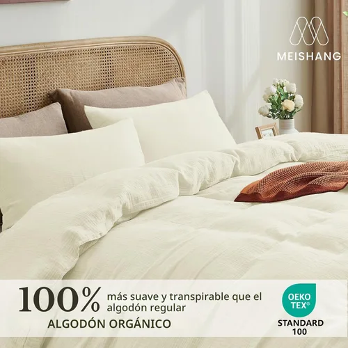 Vista 3 de MEISHANG Funda de edredón de muselina tamaño Queen, 100% algodón orgánico, funda de edredón de gasa con textura suave para todas las estaciones Beige