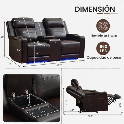 Vista 3 de Sofá biplaza reclinable eléctrico con consola, sofá biplaza reclinable de doble motor con reposacabezas eléctrico/carga inalámbrica/luz