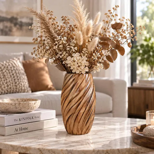 Vista 6 de AeraVida Jarrón de madera de árbol de mango marrón claro en espiral rústico moderno hecho a mano para el hogar Decoración de madera natural