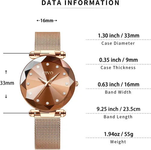 Vista 7 de CIVO Reloj para mujer, resistente al agua, analógico, de cuarzo, correa de malla de oro rosa, elegante, de diseñador, relojes de pulsera para mujer