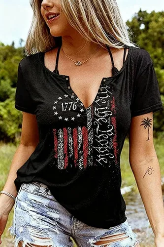 Vista 5 de Camiseta patriótica de la bandera estadounidense para mujer, 4 de julio, manga corta, holgada, con gráfico de la bandera de Estados Unidos, camisas