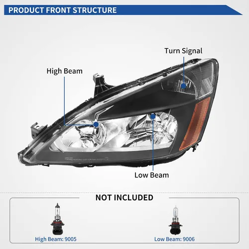 Vista 2 de oEdRo Headlight Assembly Compatible with 03 04 05 06 07 2003-2007 Accord, Headlamp with Black Housing Amber Reflector Clear Lens