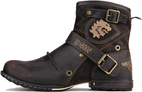 Vista 2 de OSSTONE Botas Moto para Hombre de Moda con Cremallera Botas de Cuero Chukka Casuales Estilo Retro OS-5008-1-DA1B1