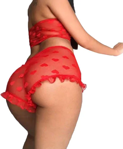 Vista 2 de Conjunto de lencería sexy de encaje para mujer, 2 piezas, ver a través de tubo Tops Wrap Bra y Panty Sets de San Valentín Babydoll Pijamas ropa